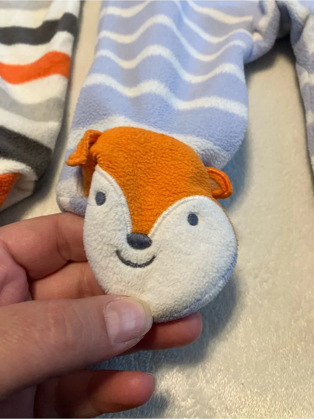Striped Footed Baby One-Piece with Fox and Raccoon- Blue & Orange